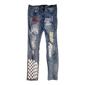 THRT Jeans Mens 36 Blue‎ Denim Make Money Not Friend Revenge Graffiti Streetwear